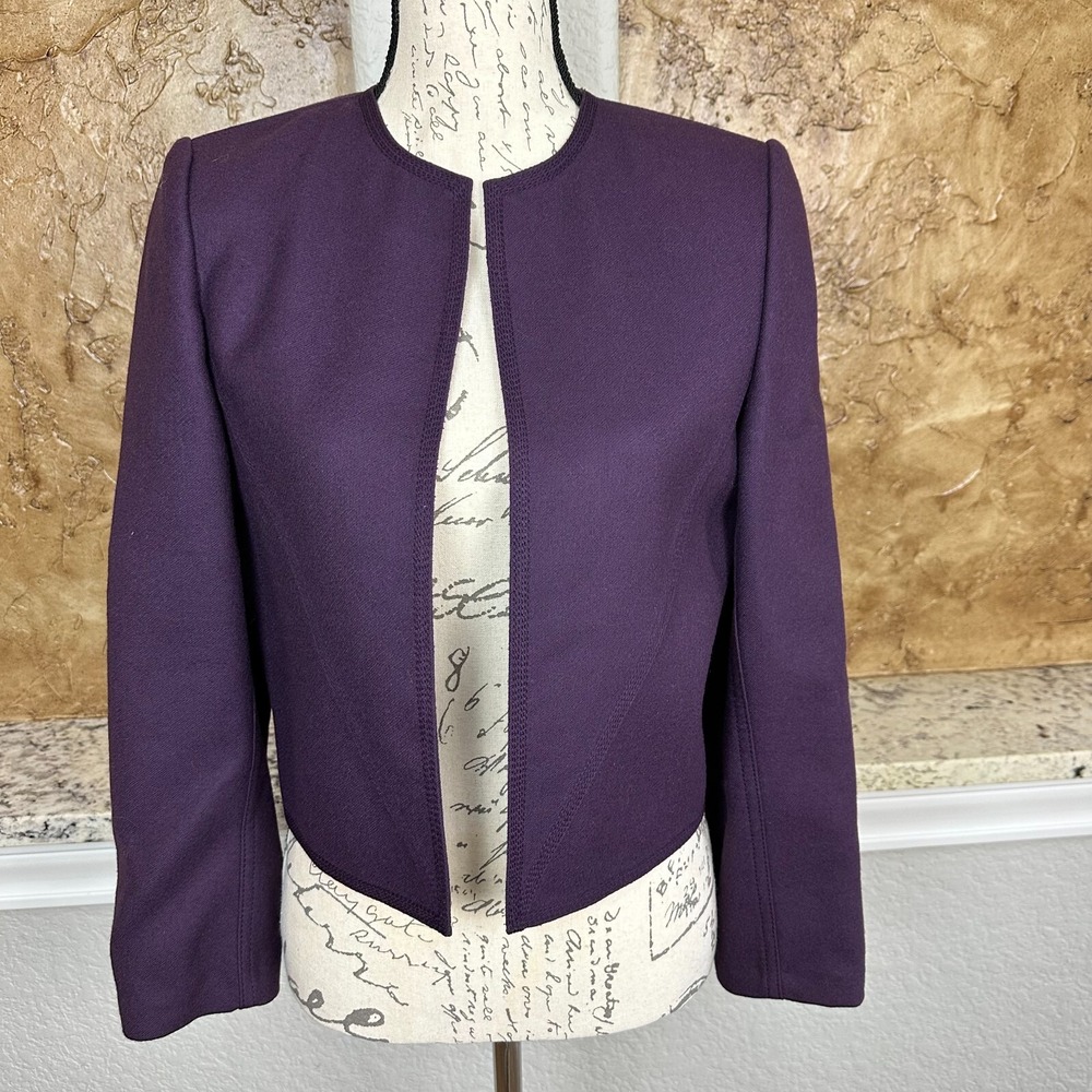 Vintage Louis Feraud‎ Blazer Jacket Womens 38 Cropped Open Front Wool Purple
